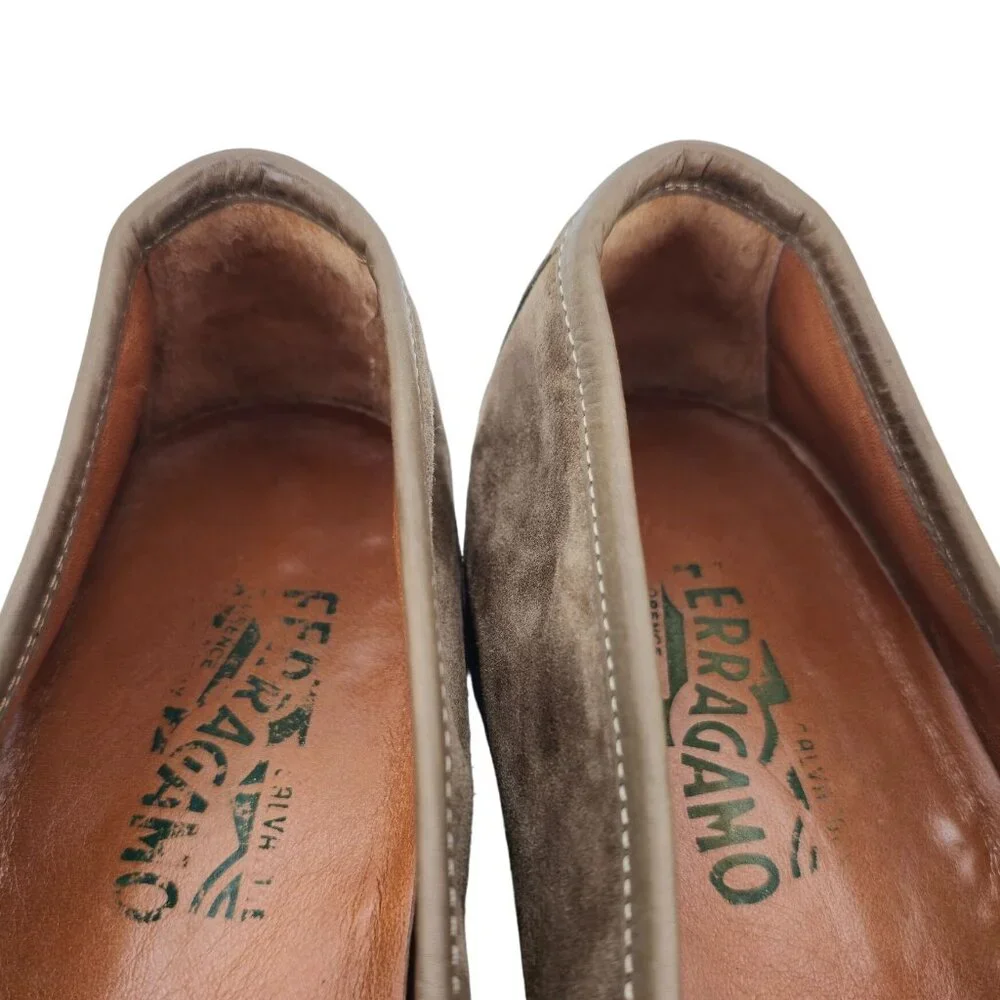 Vintage Salvatore Ferragamo Italy Dress Shoes Taupe Suede Tassel Loafers Men 8.5 - Picture 7 of 12